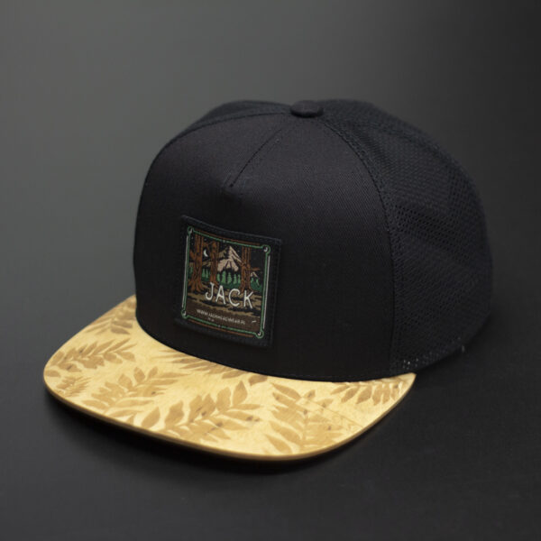 Czapka trucker czarna – czarna siatka / brązowy drewniany daszek (prawdziwe drewno), Jack Headwear, unisex