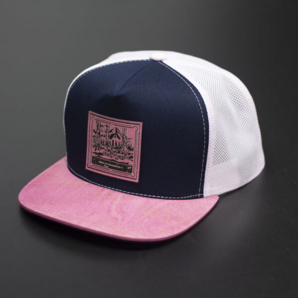 Czapka trucker granatowa – biała siatka / różowy drewniany daszek (prawdziwe drewno), Jack Headwear, unisex